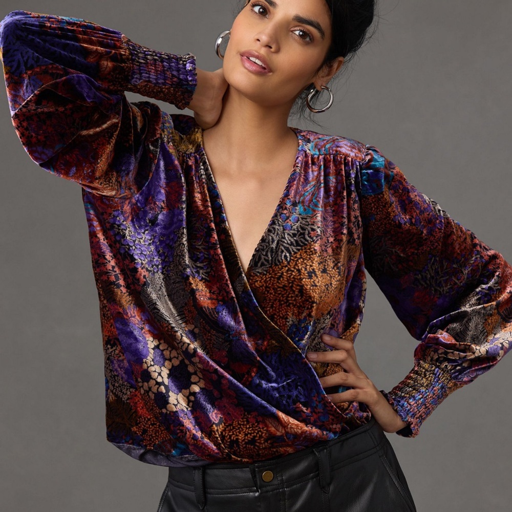 Anthropologie Velvet Wrap Blouse Dark Paisley Surplice Long Sleeve Multicolor-S
